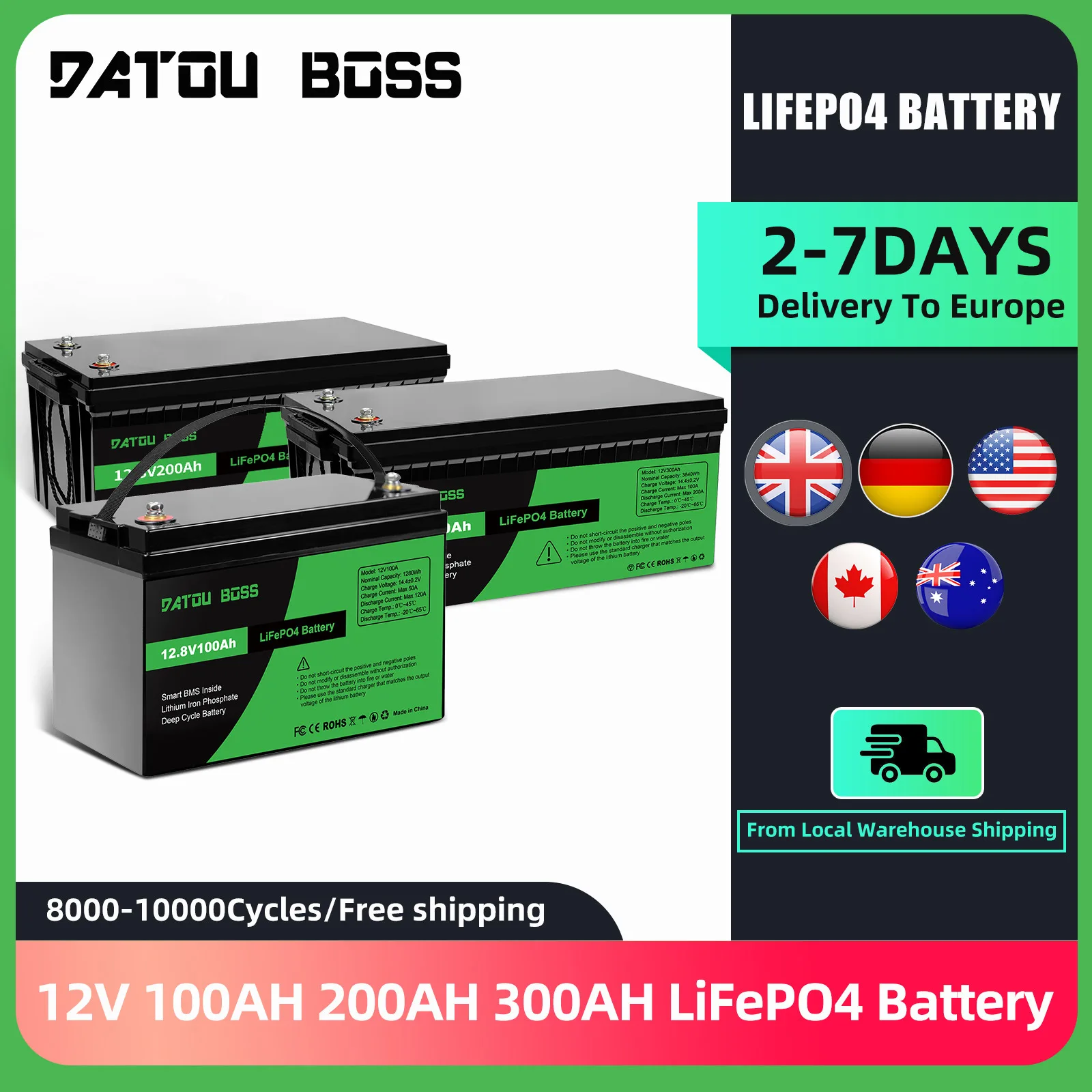 

DATOUBOSS Rechargeable Batteries BMS Lifepo4 Battery 12V 100AH 200AH 300AH Charger For Home Solar TO EU Tax Free Fast Shipping