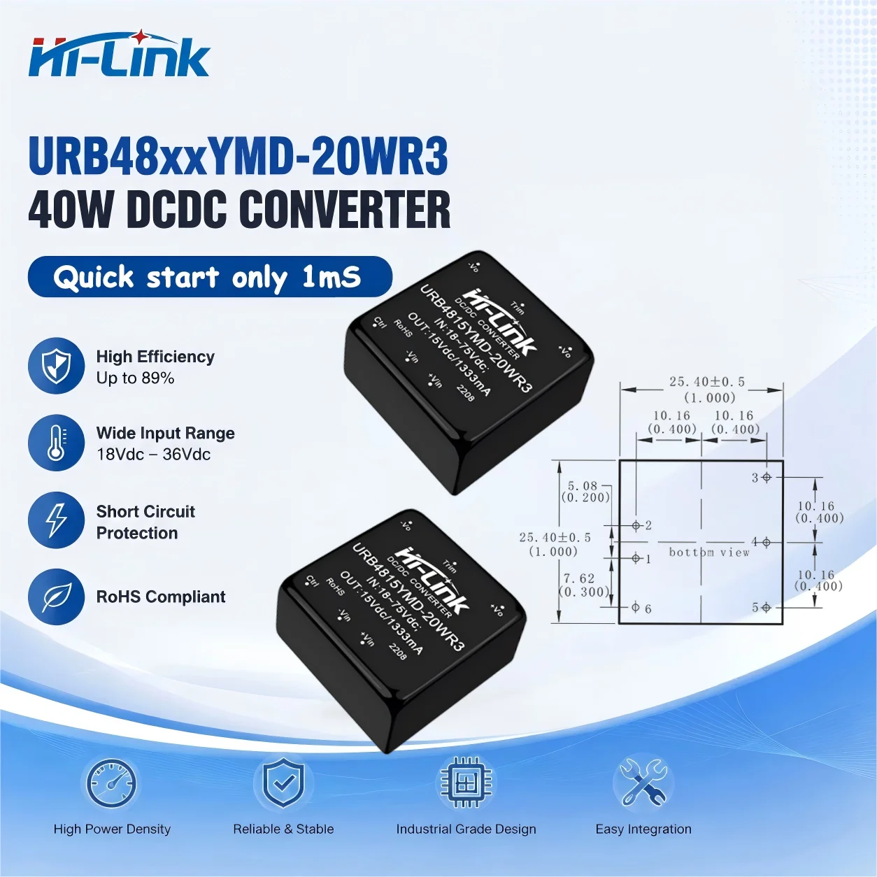 Hi-Link 20W Metal Cased Insulated Modulator URB4805YMD 4812 20WR3 4 1 Broad Input Auto Reset Overload Guard Wide Operating Temp