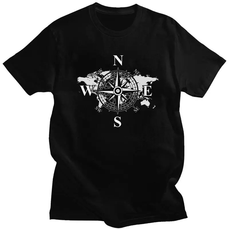 Custom Compass With World Map Tshirts for Men Short Sleeves T Shirt Cardinal Points Of Earth T-shirts Slim Fit 100% Cotton Tees
