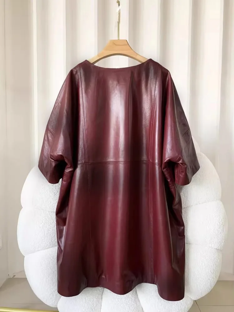 Women Casual Oversized Genuine Leather Dress O Neck Short Sleeve Loose Fit Natural Real Leather Dresses Autumn New Streetwear