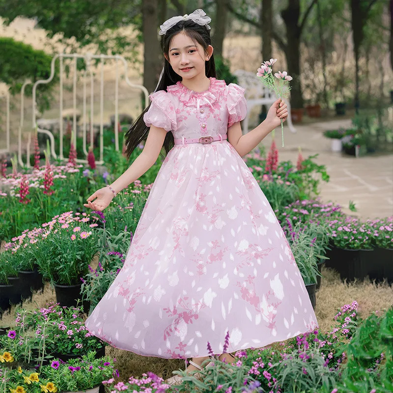 

Children's fashionable summer princess dress2026New long summer chiffon floral dress for girls