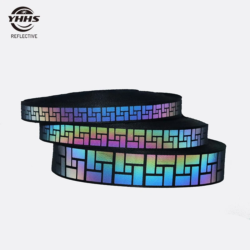 Hoge Zichtbaarheid Regenboog Reflecterende Webbing Zwart Magic Gradiënt Kledingstuk Accessoires Naaien Op Kleding Schouderriem Pet Kraag