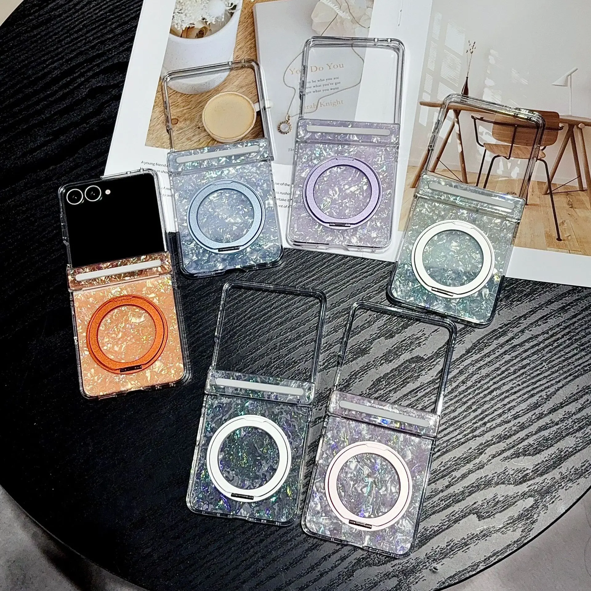 Transparent Shell Pattern Bracket for Samsung Galaxy Z Flip 8 7 6 5 Protective Back Cover for ZFlip8 ZFlip6 ZFlip7 Case Shell