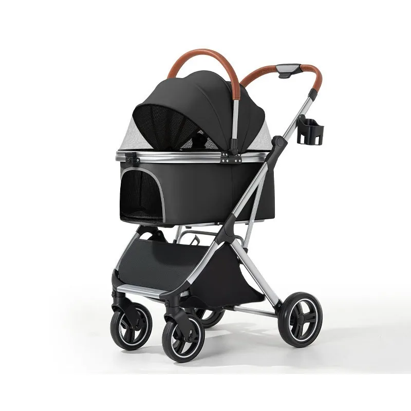 Small Medium Aluminum Alloy Pet Stroller Trolley, Detachable Bag Stackable Shock-absorbing Cart for Dog Cat Outdoor Travel