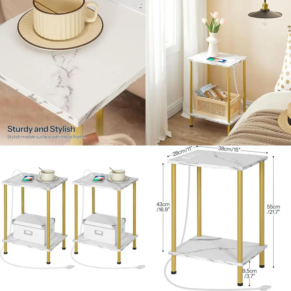 

Пара золотых мраморных прикроватных столиков с USB-зарядкой и розеткой, 2-уровневая тумбочка для небольших помещений