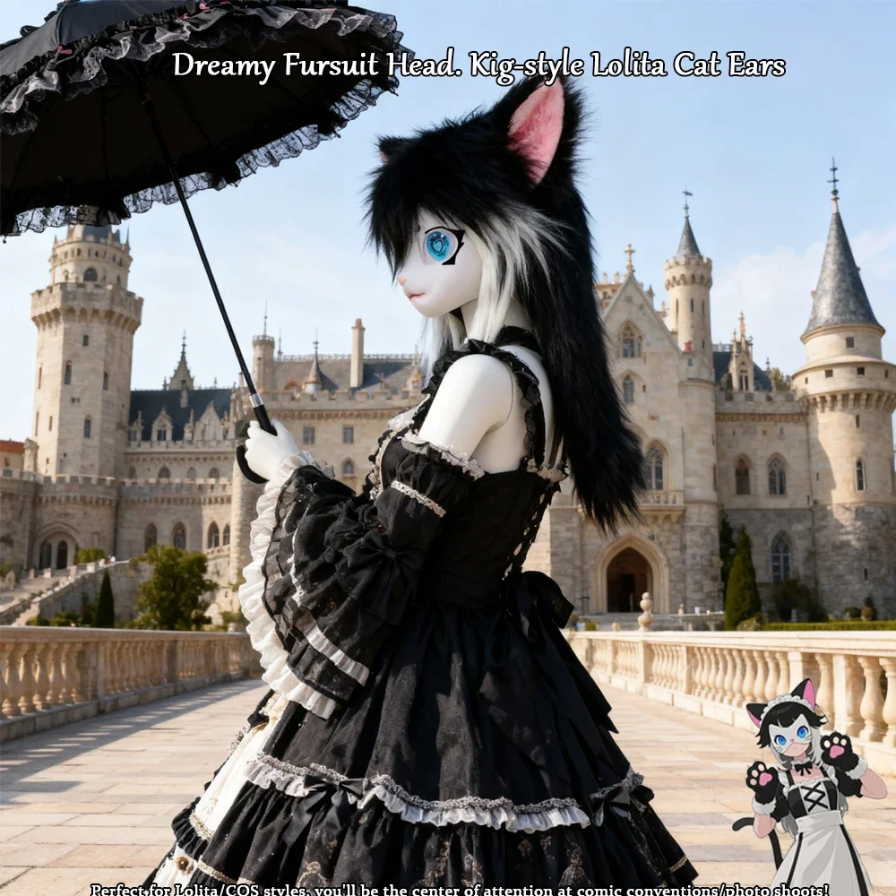 Kigurumi Fursuit Animal Head Mask with Custom Features - Cute Lolita Cat Ear Plush Wearable Cosplay Costume Set for Performance