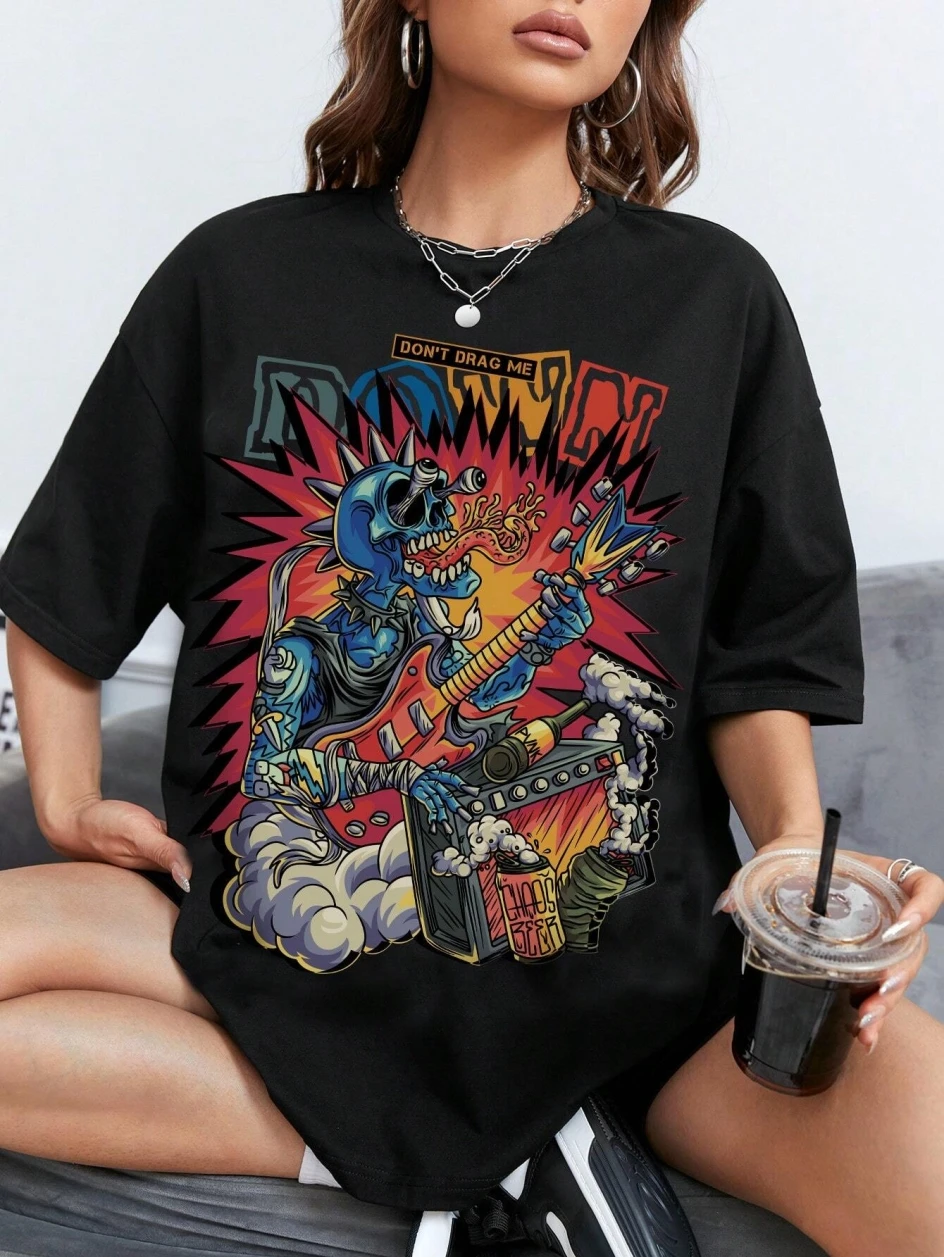 

Crazy Skull Printed Tshirts Women Street Hip Hop Casual Clothes Summer Breathable Short Sleeve Round Neck Loose T-Shirt Female