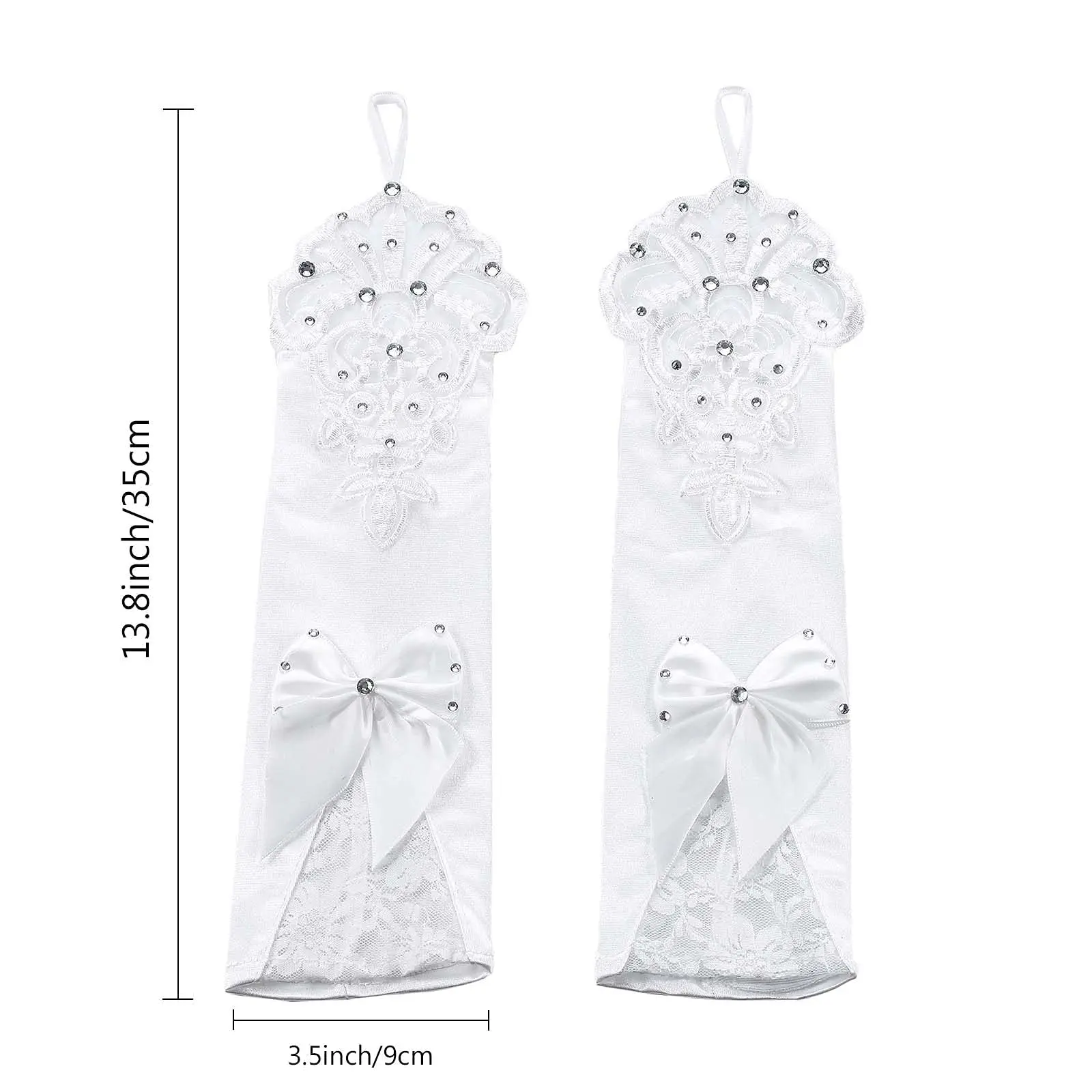 Guantes de boda largos de satén para mujer, guantes de Novia de encaje sin dedos de marfil, guantes de flores con lazo de cristal para novia, diamantes de imitación de boda Acc