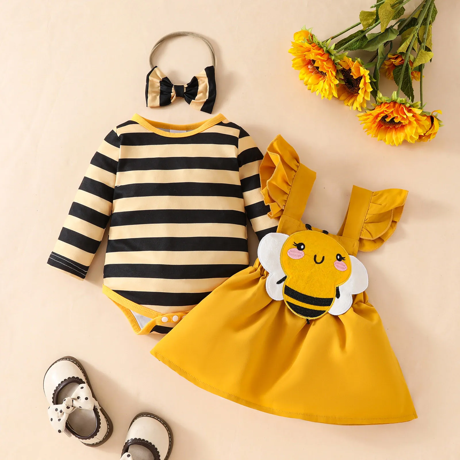 0-18Months Infant Baby Girls Clothes Sets Autumn Winter Long Sleeve Striped Romper Bodysuit Cartoon Suspender Skirts 3Pcs Outfit