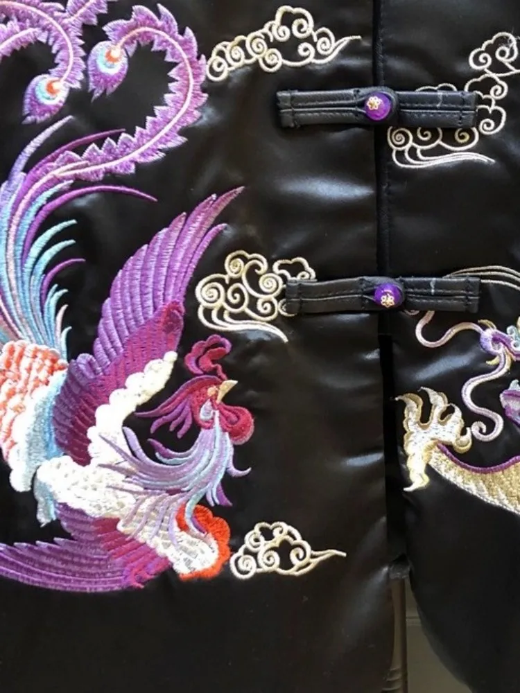 Damska kurtka ze skóry naturalnej w stylu chińskim, jednolity kolor, długi rękaw, dopasowany krój, jednorzędowa, z haftem, retro płaszcz z owczej skóry.