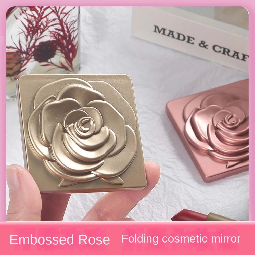 Mini espejo de maquillaje plegable cuadrado, flor rosa, fácil de llevar, soporte de escritorio, espejo cosmético compacto plegable, espejo de tocador