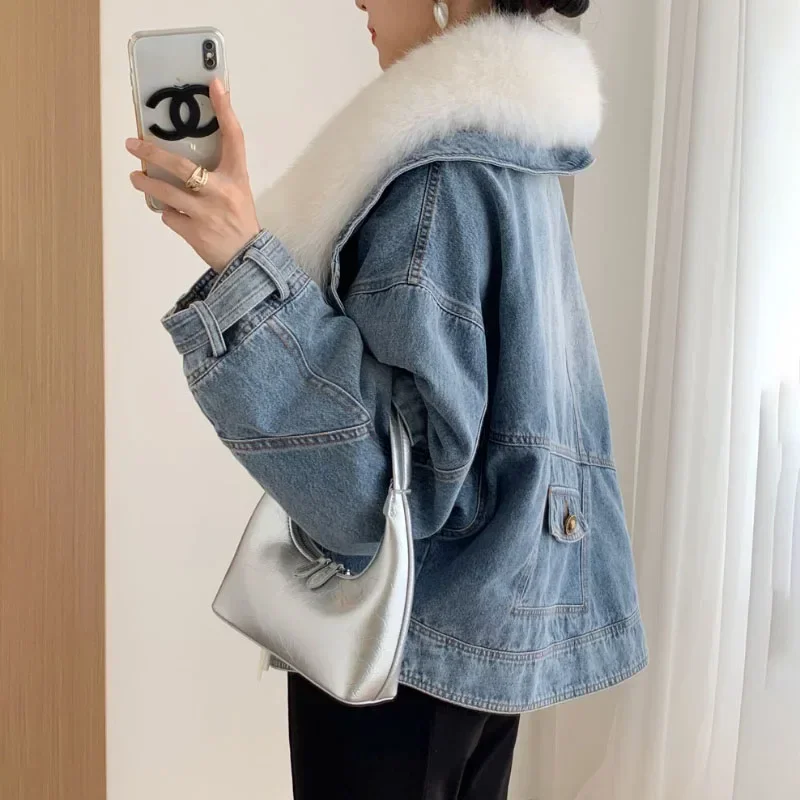 Imitation Fox Fur Denim Jacket Women's Overcoat Fashion Blue Fur Collar Cotton-Padded Jacket Liner Jeans Coat 2023 New Winter