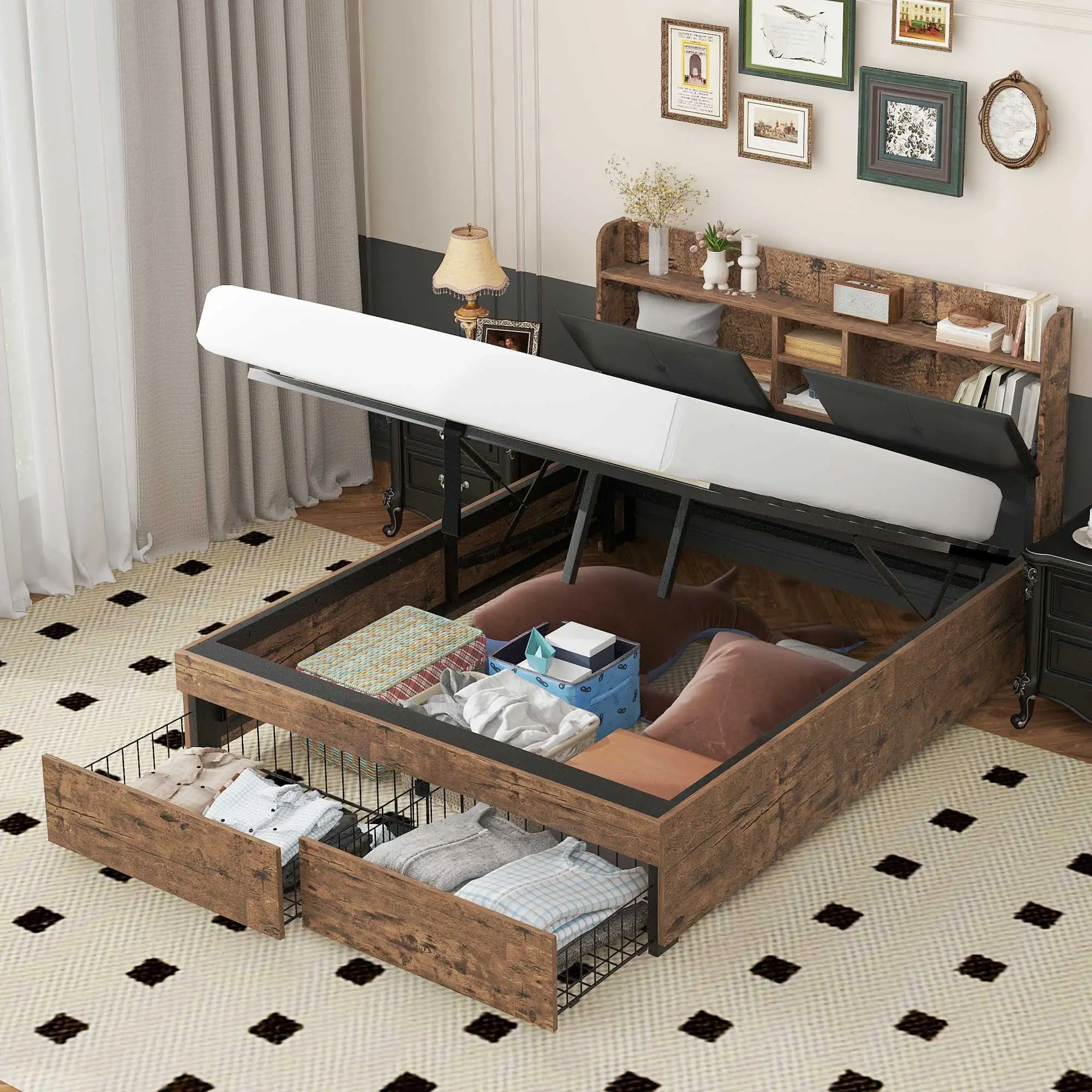 Box spring bed 160 x 200 cm with headboard and slatted frame, with bed box and 2 drawers (without mattress) - black