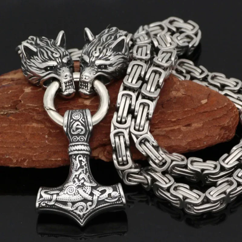 Trendy Viking stainless steel fashion style double wolf head Thor's hammer pendant necklace MEN'S jewelry wholesale