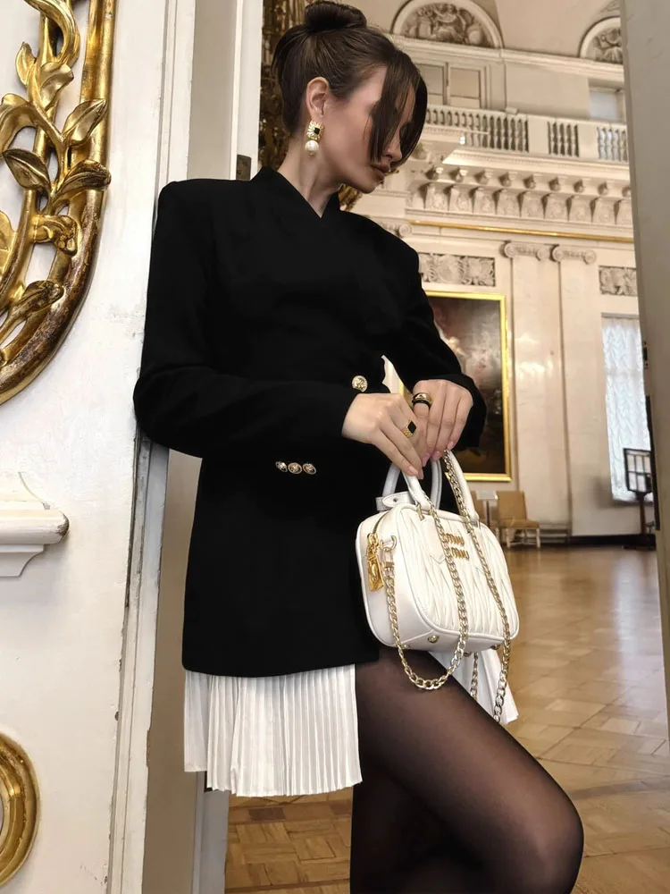 

MCDV Elegant Spliced Ruffles Blazer Dress Women Chic V Neck Single-button High Waist Slim Mini Dresses Temperament Office Party