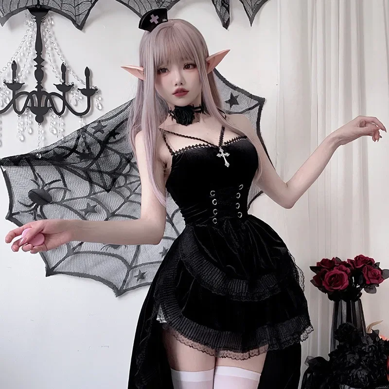 

Women Gothic Style Dress Autumn New Dark Sexy Hottie Slim Hanging Neck Tie Waist Drag Hem Dress Female Gothic Style Halloween