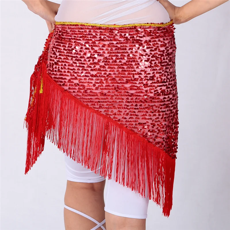 Women Sequins Belly Dance Hip Scarf Tassel Fringe Lesson Wear Practice Skirt Wrap Belt Dancewear Tribal Indain Stage Costume