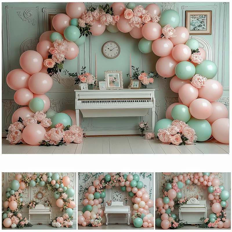 

LS Photography Background Piano Floral Balloon Decoration Girl Birthday Cake Smash Kids Portrait Photo Backdrop Studio