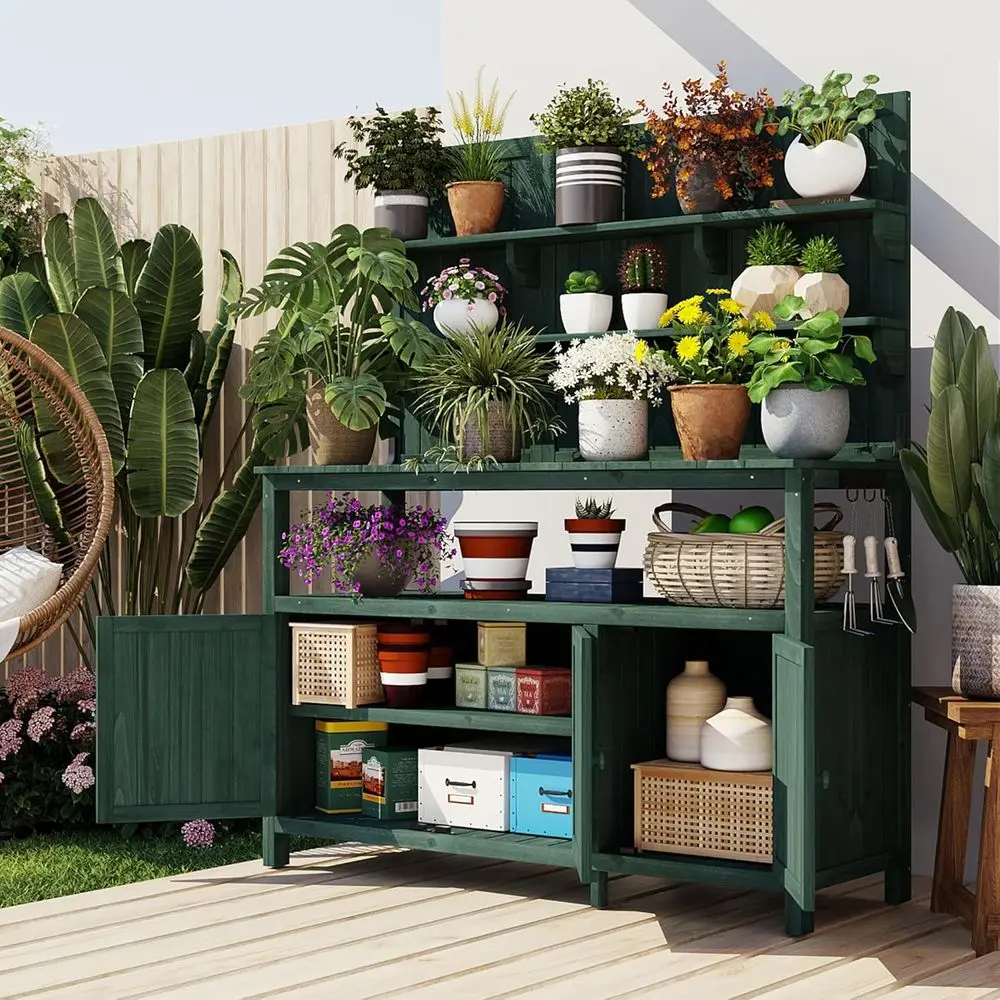 

Green 50.2 Solid Wood Garden Potting Bench with Hutch, Large Workstation, 2 Shelves, 2 Cabinets, 3 Hooks for Outdoor Planting