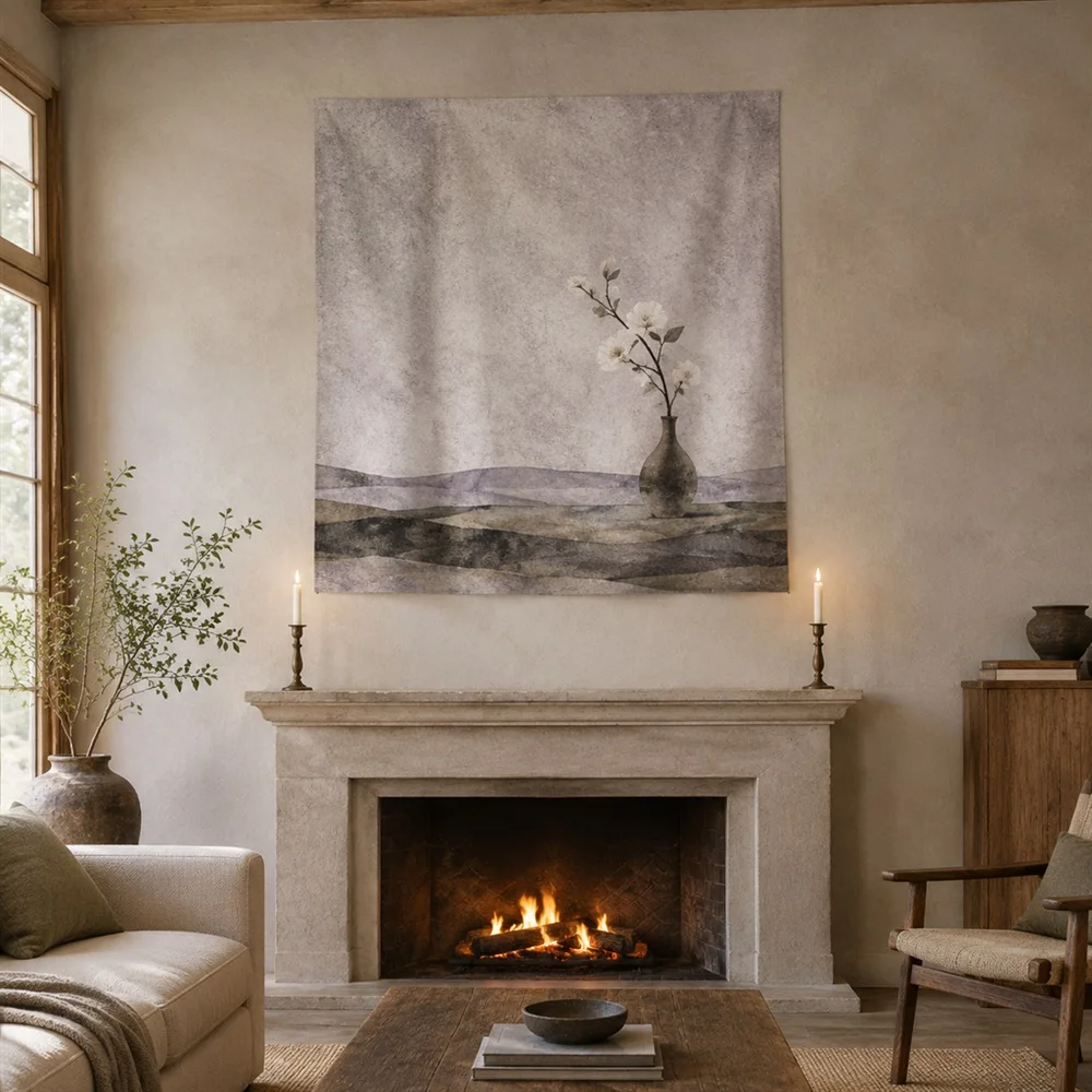 VIKAMA Single Branch Vase Layered Bands Tapestry Wall Hanging, Wabi Sabi Wall Decor Tapestries for Study Living Room Bedroom