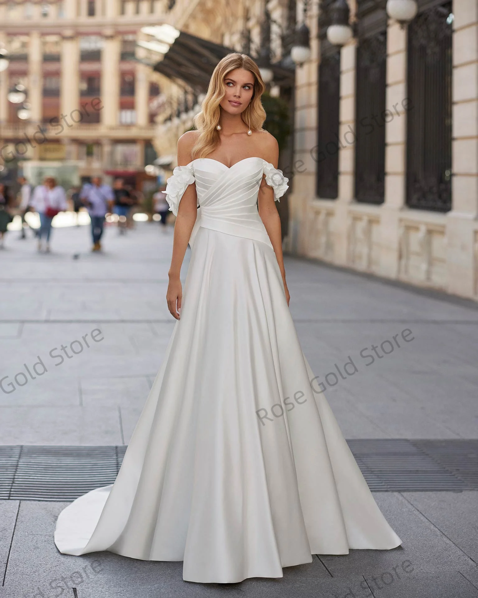 Rose Modest Wedding Dress for Women A Line Off Shoulder Vestido de Novia Elegant White Flowers Appliqued Bridal Gowns Customized