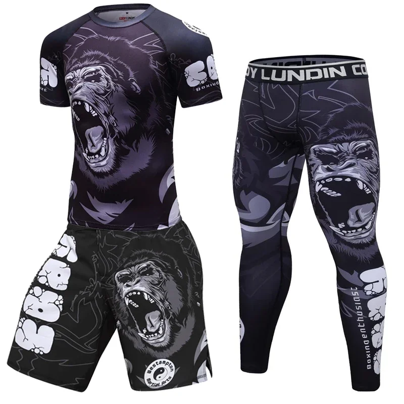 Mens Boxing Compression Rash Guard T-Shirts+Pants Sets Base Layer Athletic MMA Shorts BJJ No Gi Full Sportsuit Rashguard Shirt