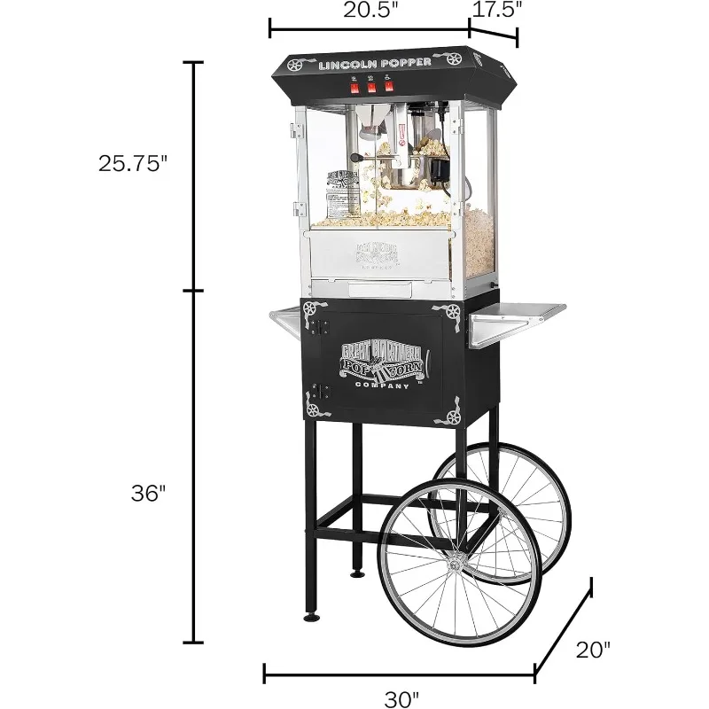 Lincoln Popcorn Machine with Cart- 8oz Popper with Stainless-Steel Kettle, Warming Light,and Accessories by GreatNorthernPopcorn