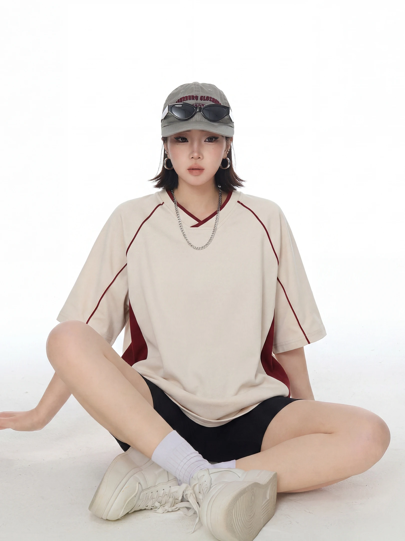 

Casual Loose Shoulder Sleeve T-Shirt Women's Summer Sport Style Half Sleeve Patchwork Loose Couple Matching round Neck Top
