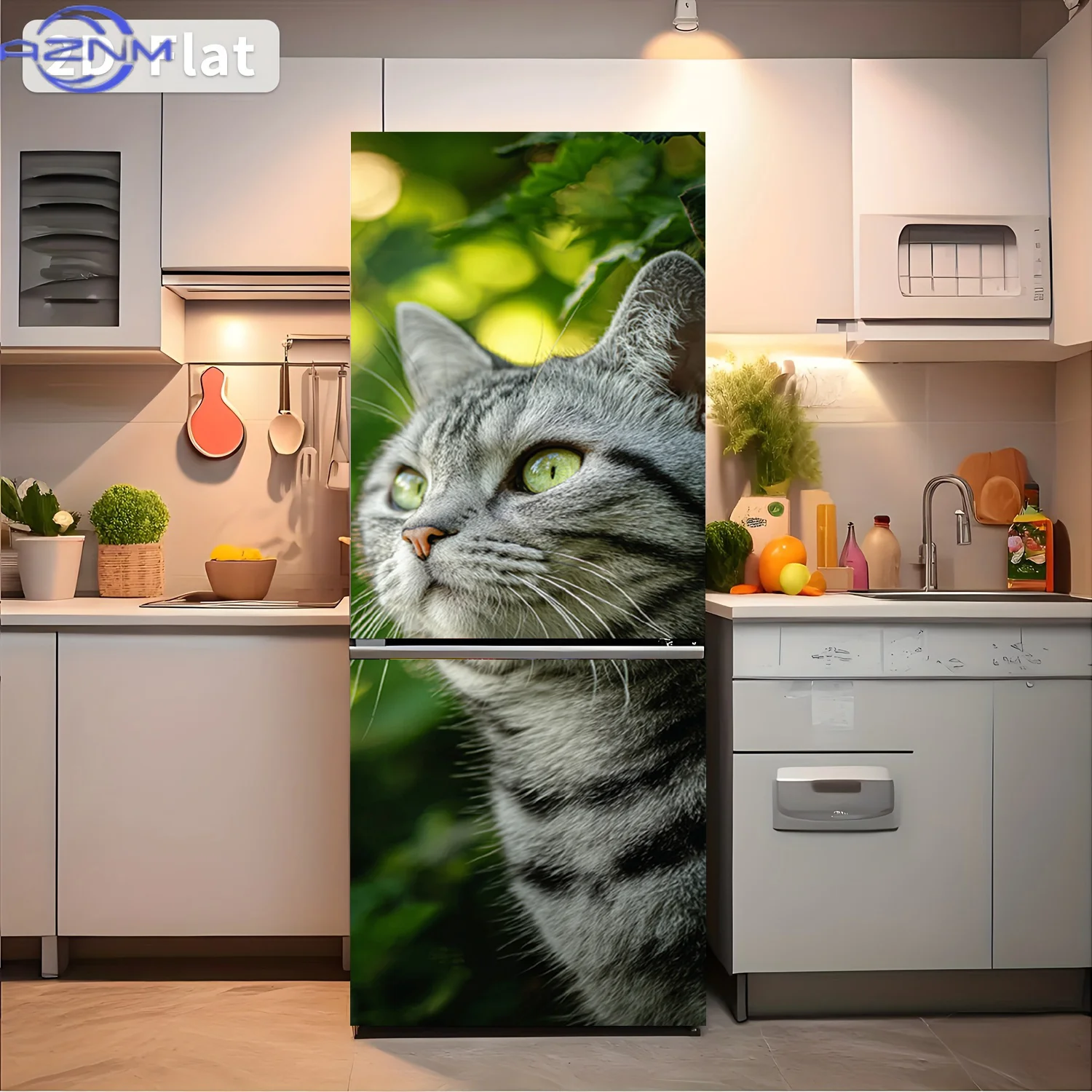2D Flat Printing 1pc Refrigerator Sticker  Close-up of a Gray Cat with Green Eyes Themed Design Self-Adhesive Wall Decal Wallp