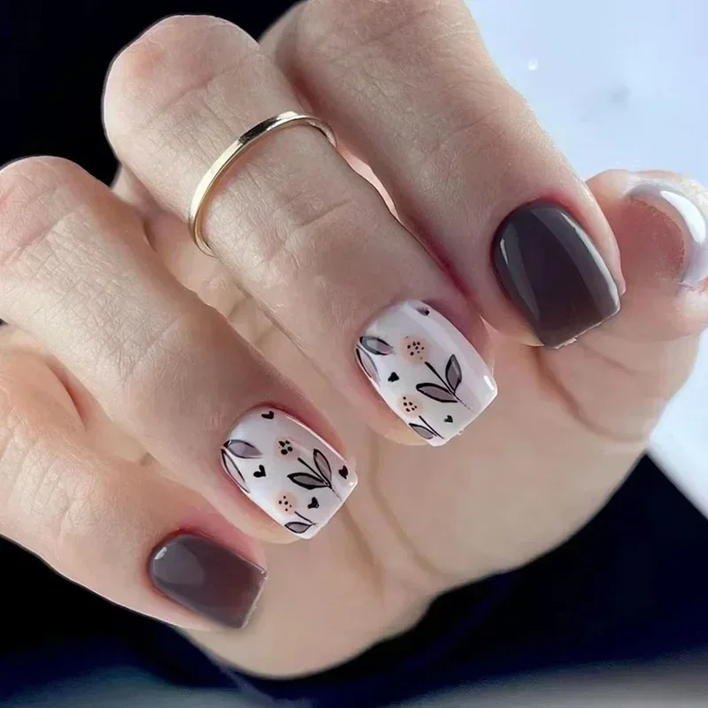 24 pçs curto quadrado unhas falsas com desenhos de flores outono outono padrão imprensa em unhas cobertura completa dicas de unhas ballet ponta de unhas falsas