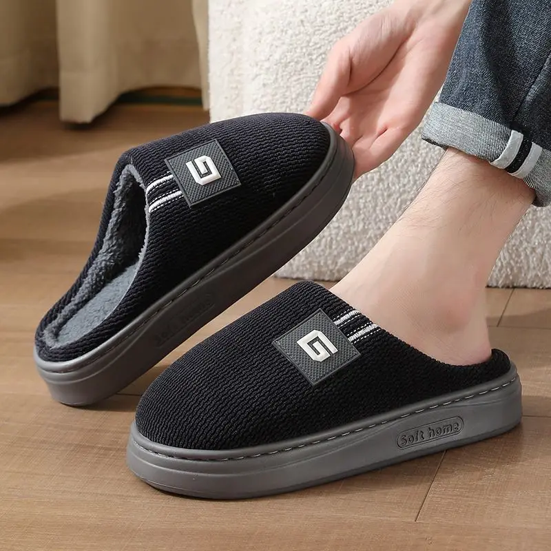 

Men's Plus Size Cotton Slippers Non Slip Thick Sole Winter Warmth Indoor Fleece Lined Outdoor Fashion Home Footwear