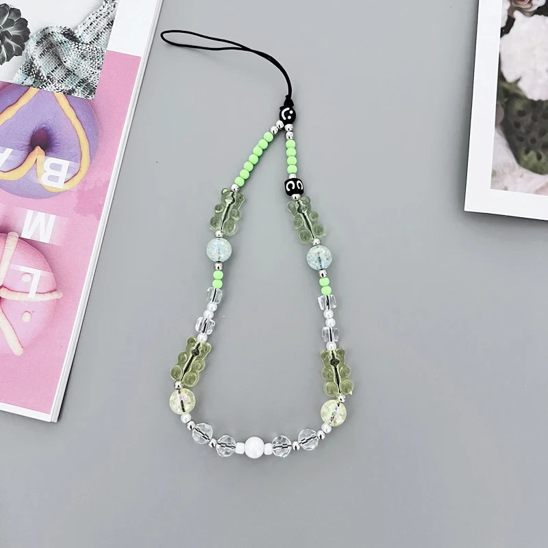 Cordão de celular vintage artesanal para mulher, charme bonito, pulseira de pulso chaveiro pingente de urso cogumelo para menina, presente