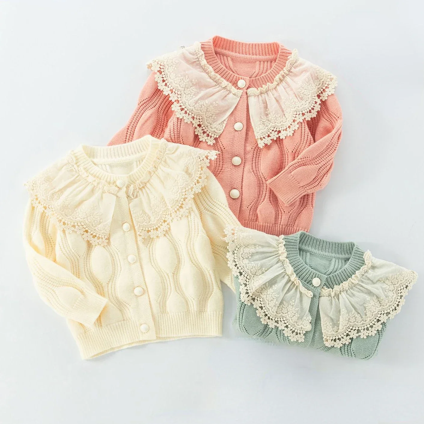 Baby Girls Sweaters Texture Knitted Jacket Girl 2024 New Autumn Outfit Children Lace Collar Solid Color Cardigan Sweaters