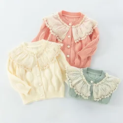 Baby Girls Sweaters Texture Knitted Jacket Girl 2024 New Autumn Outfit Children Lace Collar Solid Color Cardigan Sweaters