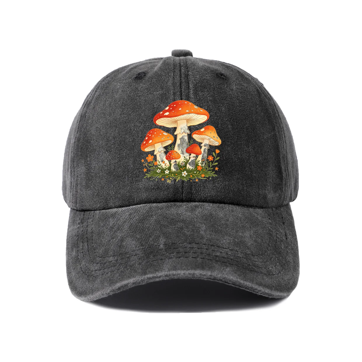 Vintage Mushroom Trio Graphic Baseball Cap, Vintage Washed Adjustable Unisex Dad Hat, Streetwear Gift