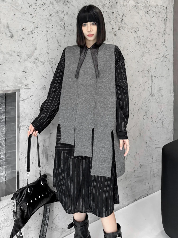 [EAM] Gray Slit Hem Big Size Knitting Sweater Round Neck Sleeveless Women Pullovers New Fashion Tide Spring Autumn 2024 1DH7455