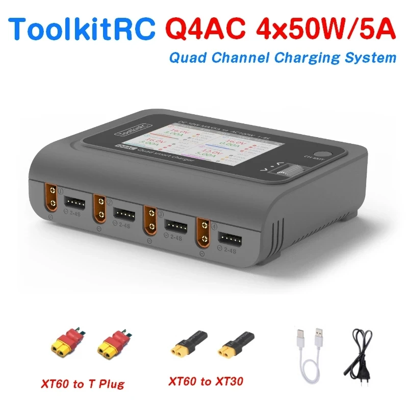 

ToolkitRC Q4AC 4x50W 5A AC 100W 4 Port DC Smart Discharger Charger XT60/XT30 Optional for 1-4S Lipo Battery