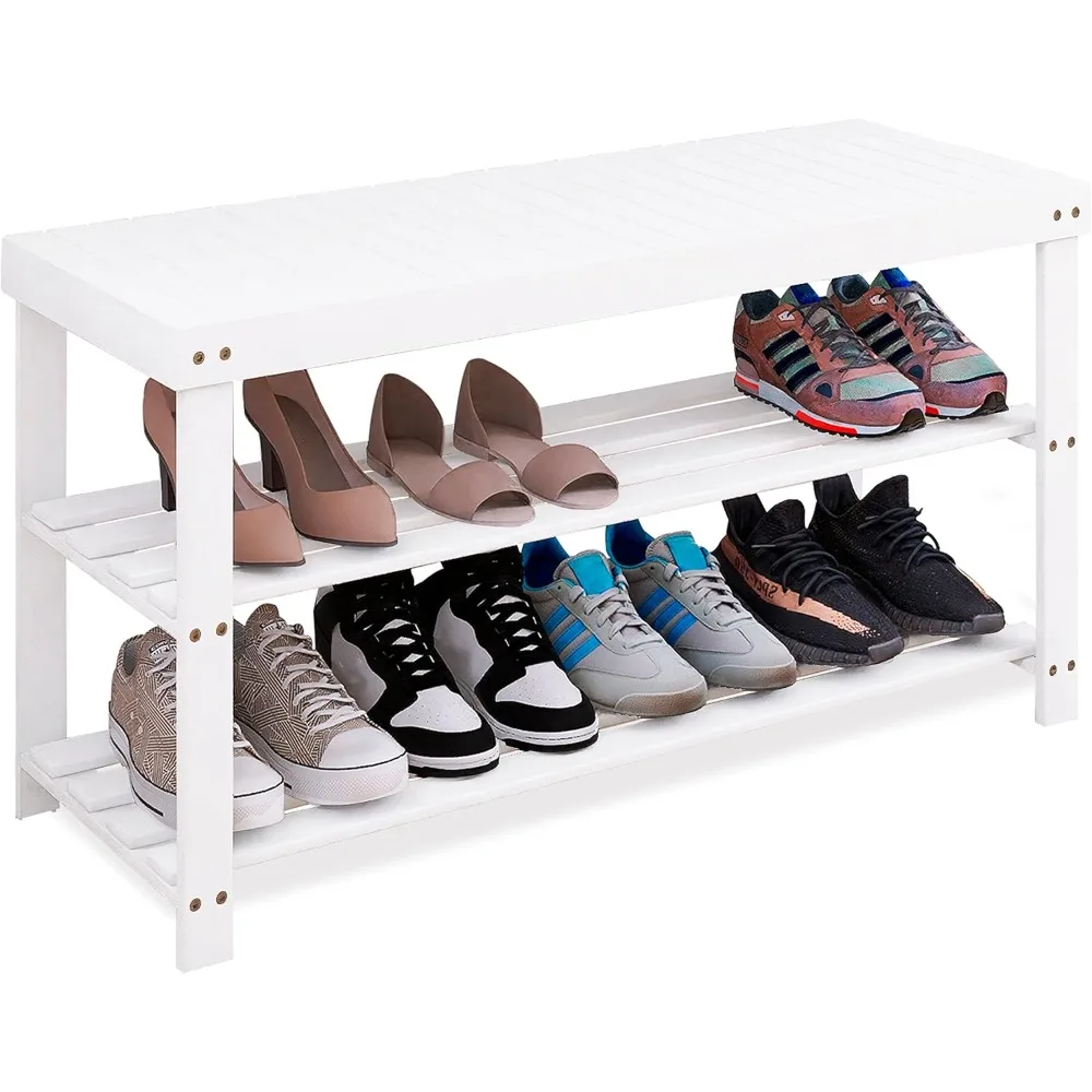 

Bamboo Shoe Rack Bench, 3-Tier Shoe Organizer Storage Shelf for Entryway Hallway Bathroom Living Room (White)