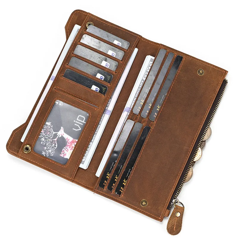 

Кожаный мужской длинный кошелек Crazy Horse, мужской кожаный кожаный тонкий кошелек большой емкости, кошелек для хранения мобильного телефона с несколькими картами