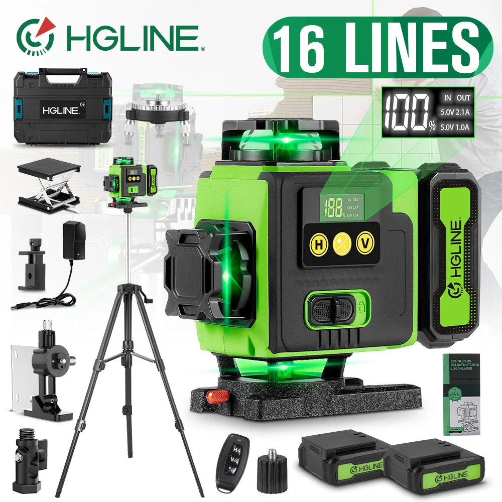 HGLINE Livella Laser Professionale 16 Linee/4D Strumento per Costruzioni 360 ° Macchina per la livellatura orizzontale e verticale con sistema di autolivellamento