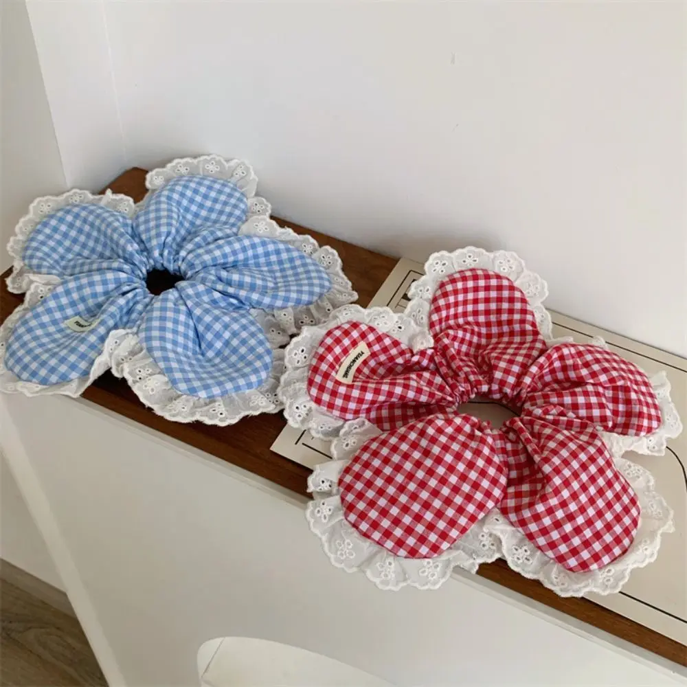 

Fashion Korean Style Flower Scrunchies Large Oversize Plaid Lace Scrunchies Cloth Hair Tie Exaggerated Hair Ring Daily