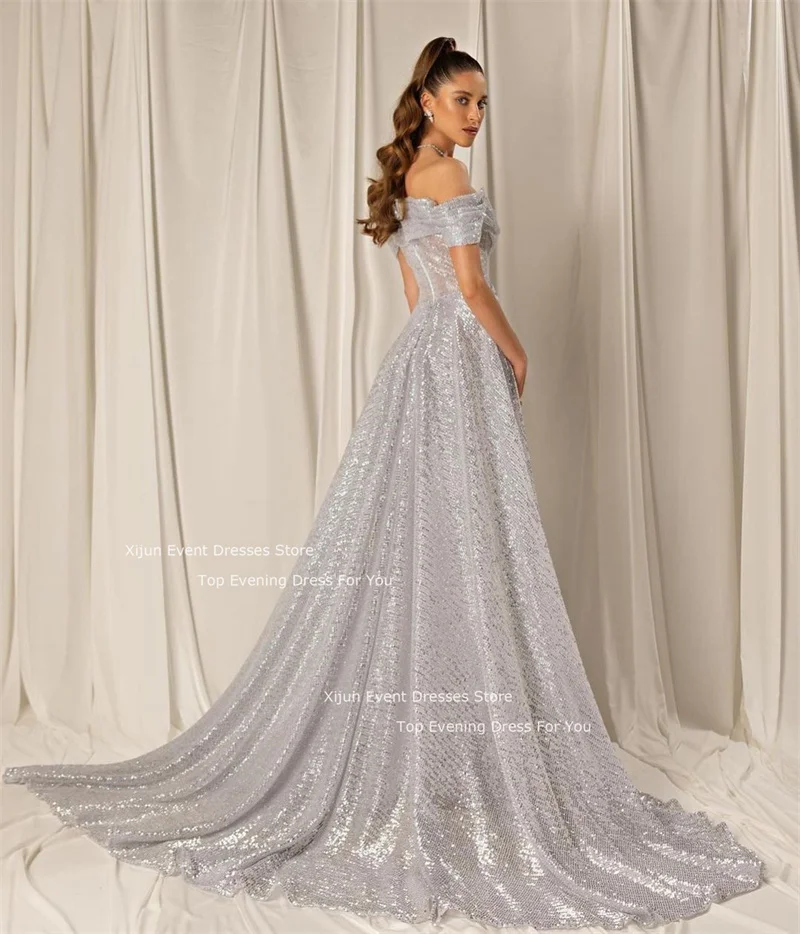 Xijun Gray Mermaid Wedding Dresses Sequined Sleeves Off The Shoulder Bridal Gowns Prom Dresses Saudi Arabric Wedding Party Dress