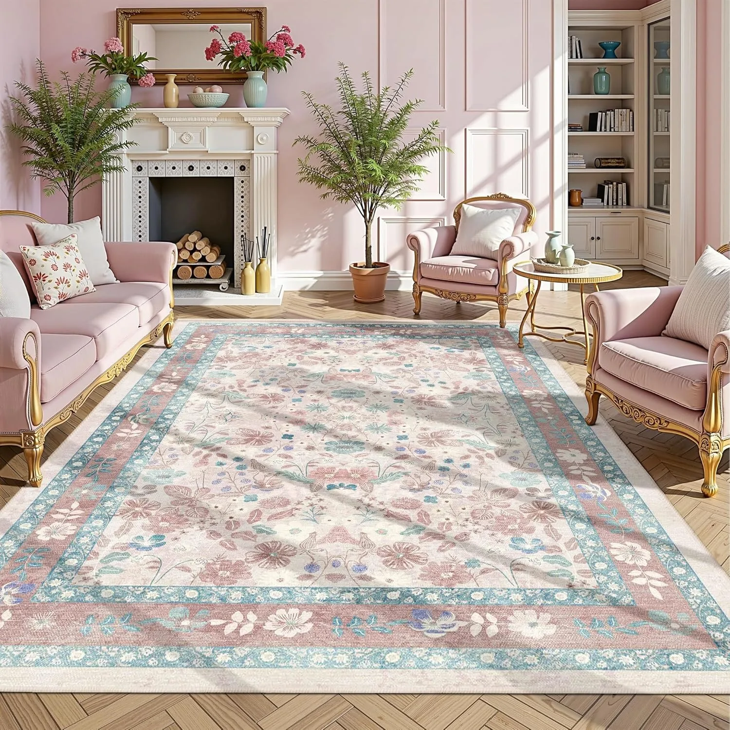 Floral Area Rug for Living Room & Bedroom – Modern Luxury Large Floor Mat, Non-Slip Machine Washable Coffee Table Carpet