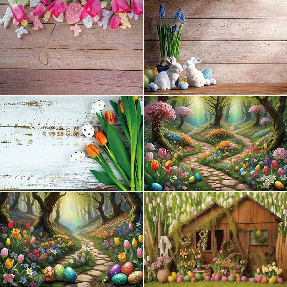 MOON.QG Easter Bunny Eggs Background Photography Tulip Sakura Forest Photozone Backdrop Children Studio Photobooth Accessories