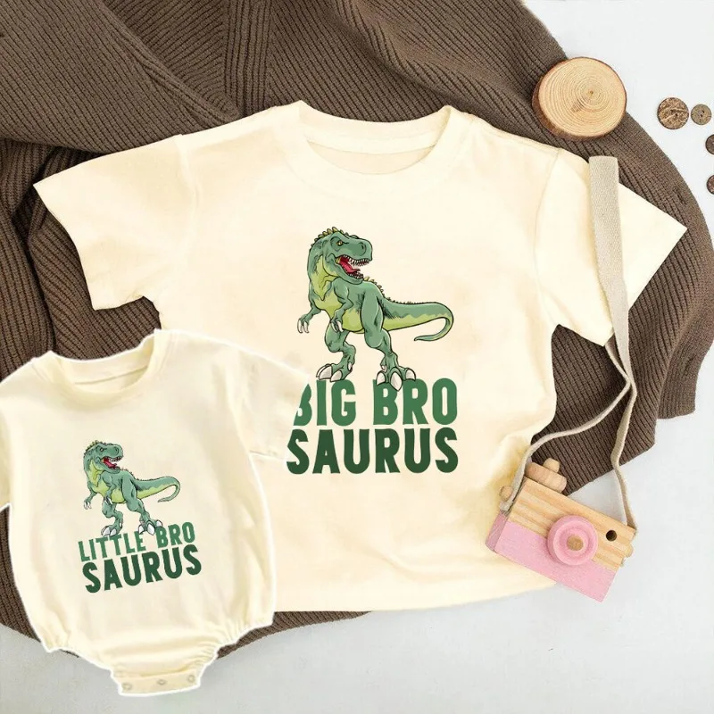 Retro Dinosaur Brother Outfit  Short Sleeve Child Tshirt+bubble Romper Big Bro Saurus/little Bro Saurus Print Kid Family Set