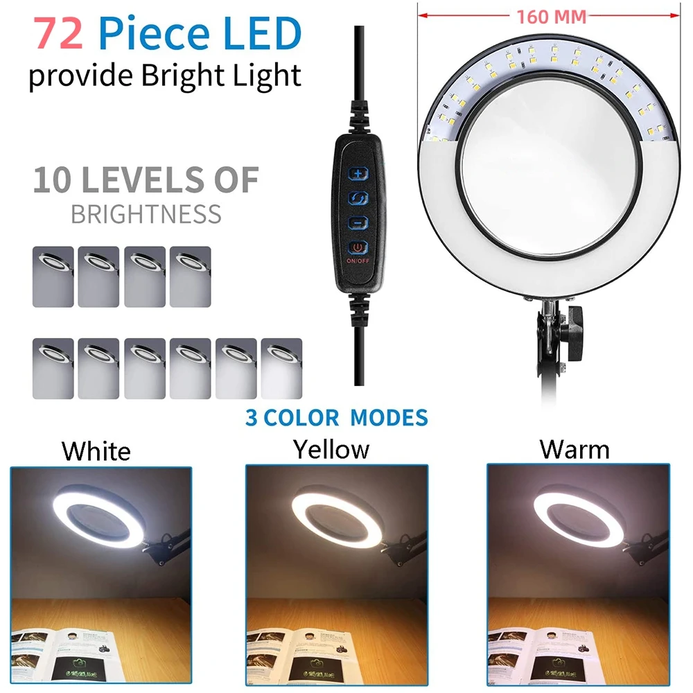 Lente D'ingrandimento 10X Con Luce E Supporto: Lampada Da Scrivania LED 2 In 1, Braccio Regolabile, 3 Tonalità E 10 Livelli Di Luminosità, Perfetta Per Lettura, Fai-da-te E Riparazioni