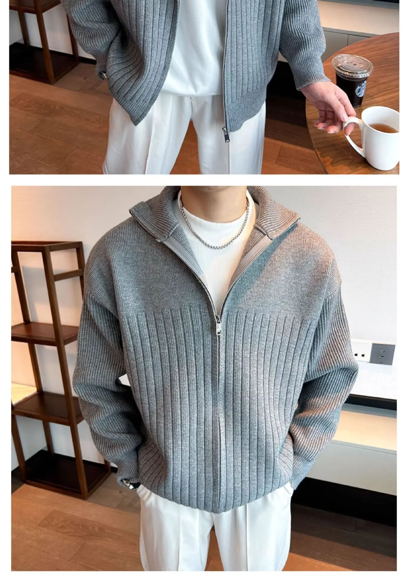 Herren Herbst Winter Gestreifter Cardigan Pullover Jungen Studenten Warme Jacke Herren Casual Pendlerjacke Weiche Bequeme Strickware – Detail 8