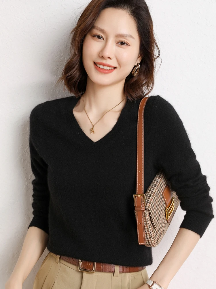 Básico 100% puro cashmere malhas pulôver camisola outono inverno com decote em v das mulheres de manga comprida topos grosso base quente roupas macias