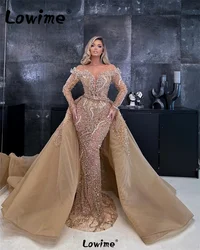 2024 Haute Couture Champagne Evening Dresses Luxury 2023 Long Sleeves Beaded Prom Dress Robe De Soiree Mermaid Party Gowns Plus