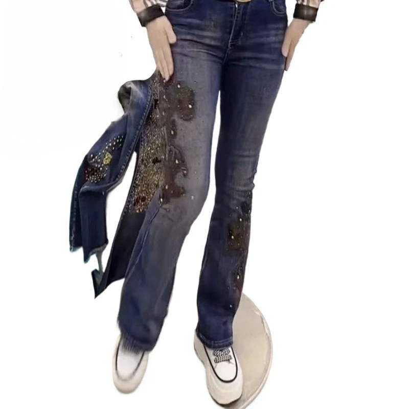 

Женские бархатные расклешенные брюки, осень-зима, горячие кирпичные вышивки, высокая талия и тонкие новые эластичные модные брюки Tide 2026 джинсы